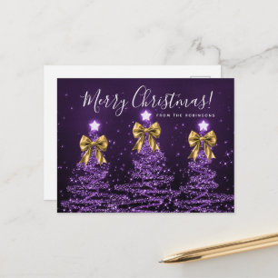 Elegante Weihnachtsbäume in Lila mit goldenen Schl Postkarte