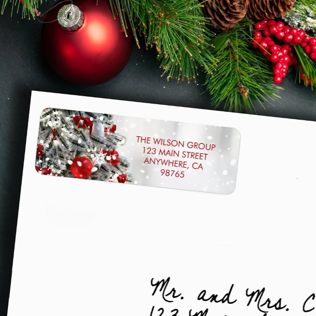 Elegante WeihnachtsbaumRücksendeadresse (Elegant Christmas tree and red ornaments return address labels)