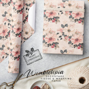 Elegante Weihnachtsblumen & Beeren Pastellrosa Geschenkpapier
