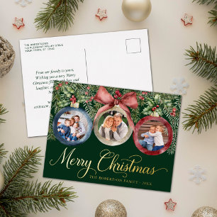 Elegante Weihnachtsfamilien Fotos Ornamente Grün Folien Feiertagspostkarte