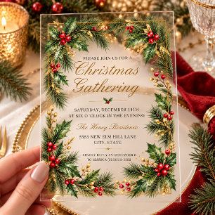 Elegante Weihnachtsfeier mit Holly Pine Gold Acryleinladungen
