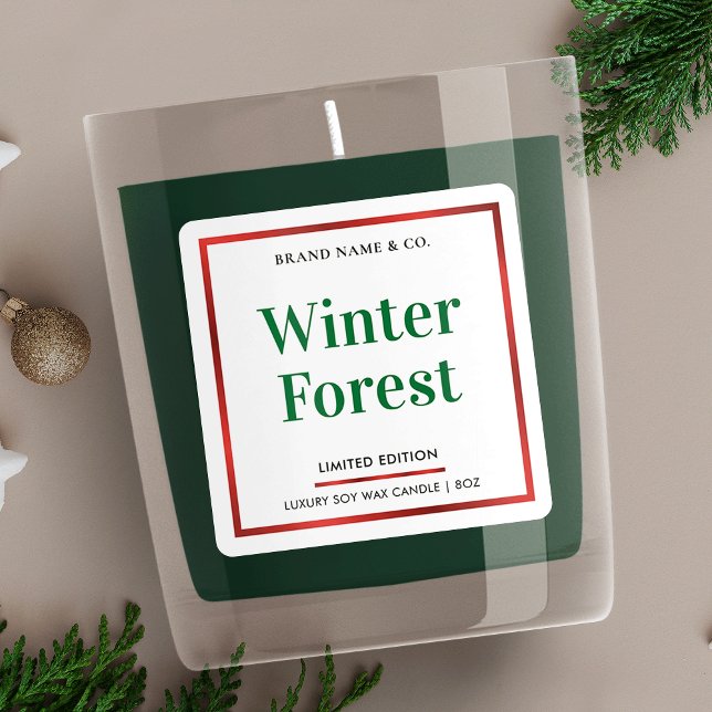 Elegante Weihnachtsfesttage Candle Packaging Quadratischer Aufkleber (Elegant festive candle labels in green and red, perfect for your Christmas product collection)
