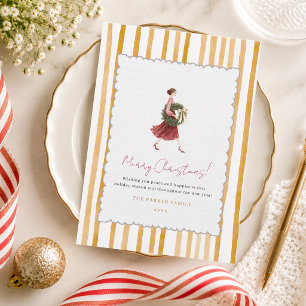 Elegante Weihnachtsfrau mit gelben Streifen Feiertagskarte