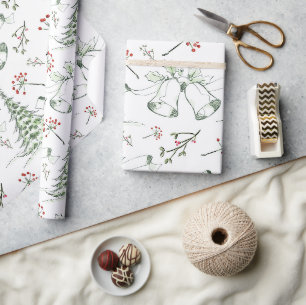 Elegante Weihnachtsglocken & Stechpalmen-Skizze Geschenkpapier