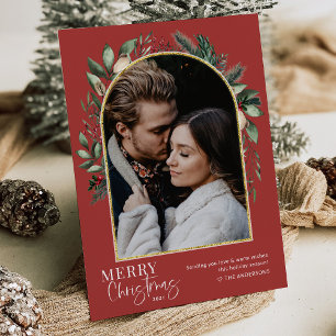 Elegante Weihnachtsgrün Goldener Bogen Foto Feiertagskarte