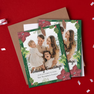 Elegante Weihnachtsgrüße Rote Blumen Familienfoto Feiertagspostkarte