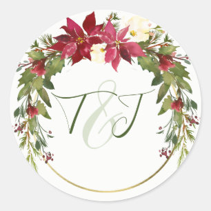 Elegante Weihnachtshochzeit Rote Poinsettie Grünpf Runder Aufkleber