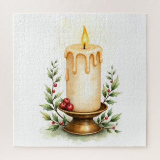 Elegante Weihnachtskerze & Grünzeug Rote Beeren Puzzle