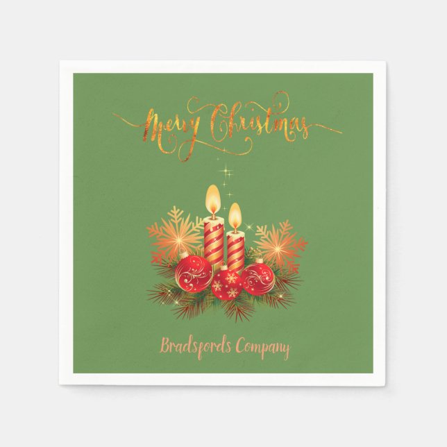 Elegante Weihnachtskerzen, Baumzweige, Bälle Serviette (Vorderseite)
