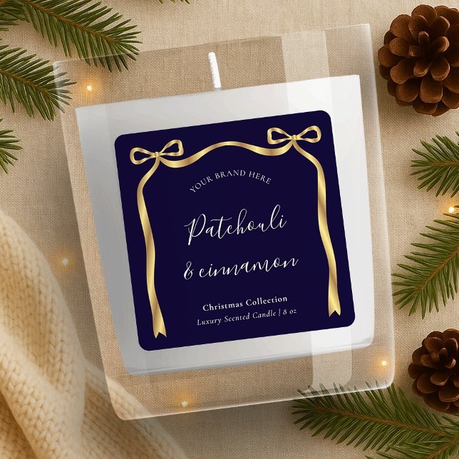 Elegante Weihnachtskerzenlabel Navy & Gold Ribbon Quadratischer Aufkleber (Von Creator hochgeladen)