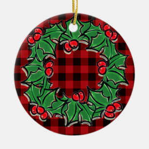 Elegante Weihnachtsklassiker Roter Karierter Holly Keramik Ornament