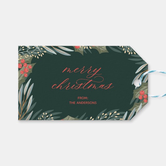 Elegante Weihnachtsmarken in den Winterblättern Geschenkanhänger (Vorderseite (Horizontal))