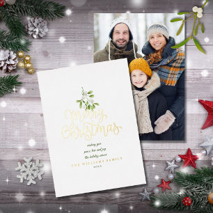 Elegante Weihnachtsmistelzweig-Foto in Gold Folien Feiertagskarte