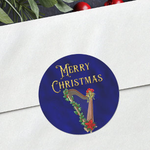 Elegante Weihnachtsmusik Harfe Navyblau Runder Aufkleber