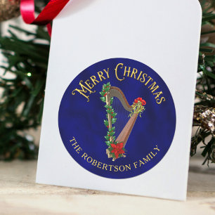 Elegante Weihnachtsmusik Harfe Personalisiert Runder Aufkleber