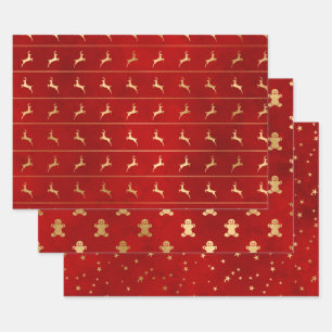 Elegante Weihnachtsmuster in Rot und Gold Geschenkpapier Set