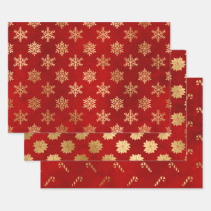 Elegante Weihnachtsmuster in Rot und Gold Geschenkpapier Set