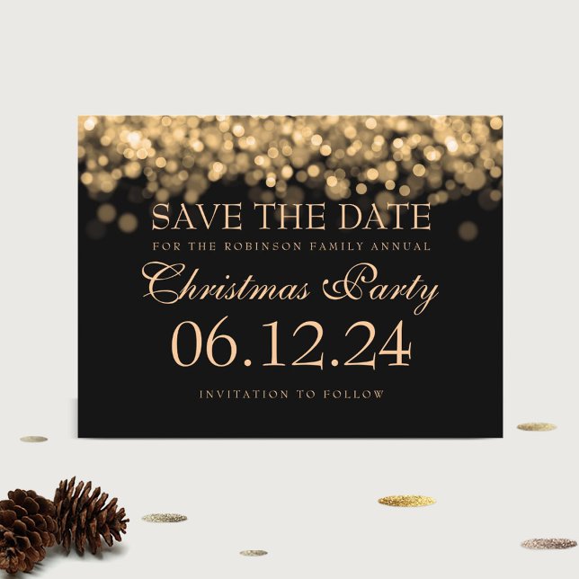 Elegante WeihnachtsParty-Save the Date Goldlichter Ankündigungspostkarte (Von Creator hochgeladen)