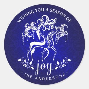 Elegante Weihnachtsren-Freude - Blau und Weiß Runder Aufkleber