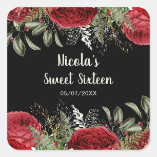 Elegante Weihnachtsrote Blumen Sweet Sixteen Quadratischer Aufkleber