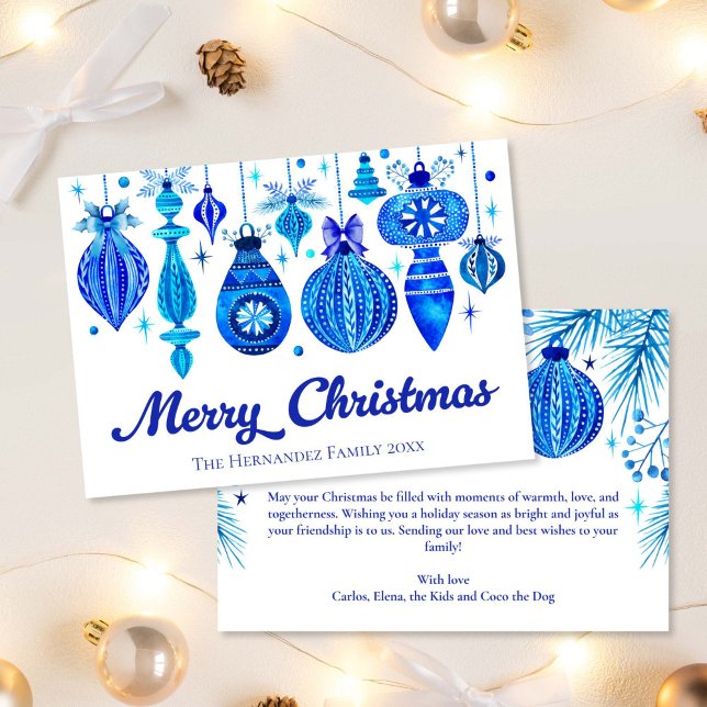 Elegante Weihnachtsschmuck Familie Blaue Wasserfar Feiertagskarte (Elegant Christmas Ornaments Family Blue Watercolor Holiday Card)