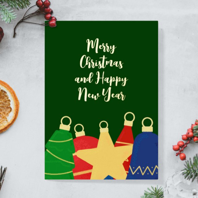 Elegante Weihnachtsschmuck Folien Feiertagskarte (Retro Christmas ornaments custom card with your photo and real foil letters. Personalize it!)