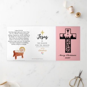 Elegante Weihnachtsszene Pink Cross Kirche Weihnac Dreifach Gefaltete Urlaubskarte