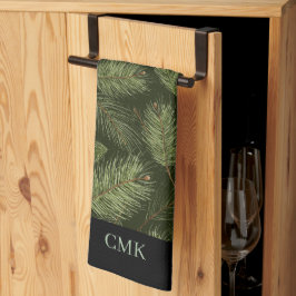 Elegante Weihnachtszweige auf Schwarz mit Monogram Geschirrtuch