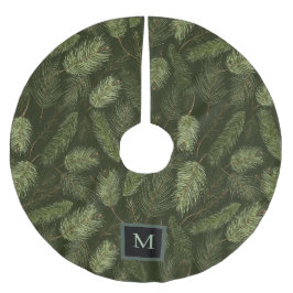 Elegante Weihnachtszweige auf Schwarz mit Monogram Polyester Weihnachtsbaumdecke