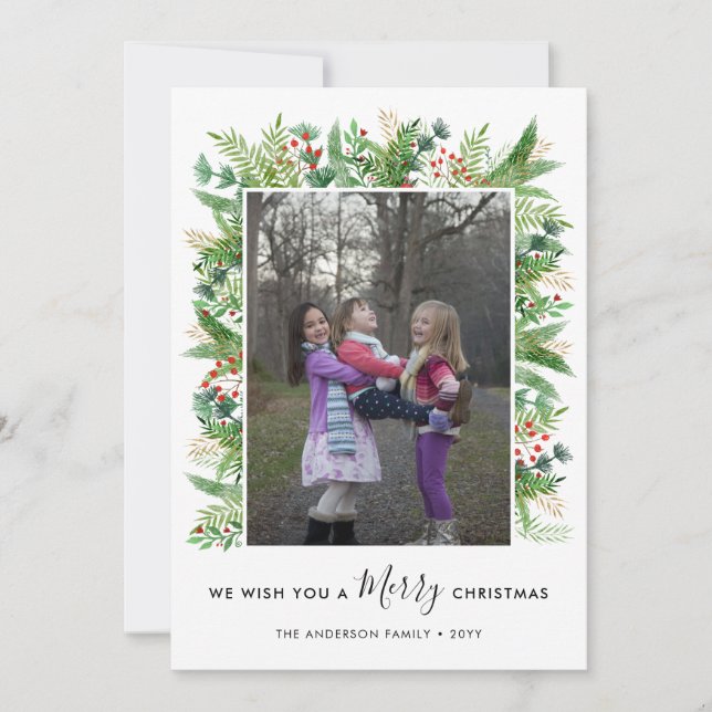 Elegante Weihnachtszweige Berries 2 Foto Feiertagskarte (Vorderseite)
