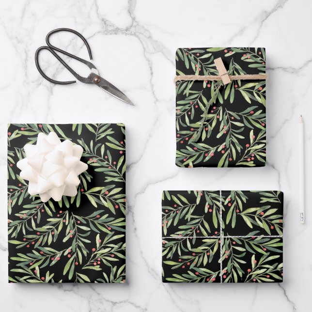 Elegante Weihnachtszweige und Beeren Geschenkpapier Set (Vorderseite)
