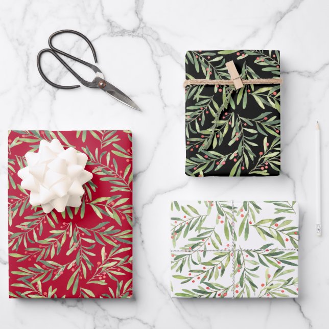 Elegante Weihnachtszweige und Berries Geschenkpapier Set (Vorderseite)