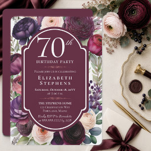 Elegante Wein-Ranunculus-Blumenparty zum 70. Gebur Einladung