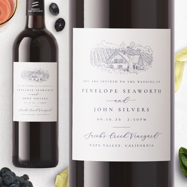 Elegante Weinkultur und Erde Einladung Weinetikett (Elegant Vineyard Illustration Wedding Invitation Wine Label)