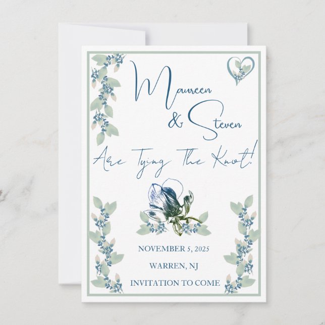 Elegante Weiß-, Blau- und Grünblüten Save the Date Einladung (Vorderseite)
