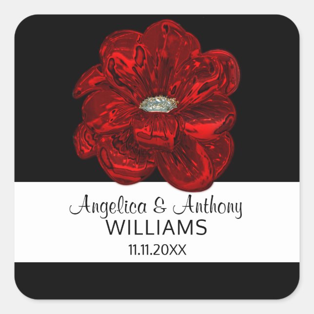 Elegante Weiß, Schwarz, Rote Rose Blume Hochzeit S Quadratischer Aufkleber (Vorderseite)