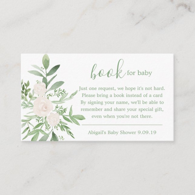 Elegante Weiß- und Grüne Blumenbücher für Baby Begleitkarte (Vorderseite)