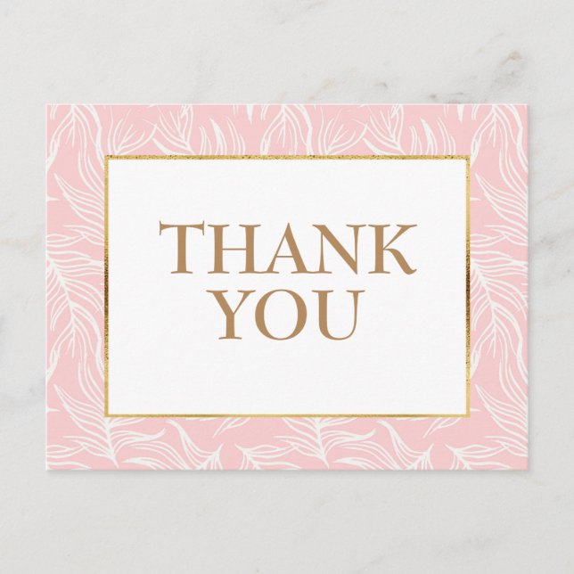 Elegante weiße Blätter auf Pink Gold Vielen Dank Postkarte (Vorderseite)