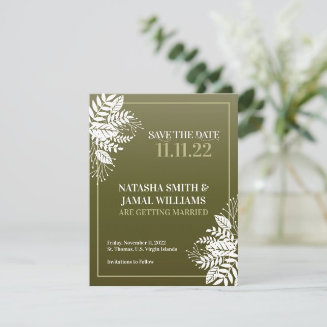 Elegante, weiße Blätter, Olive Green Save The Date (Stehend Vorderseite)