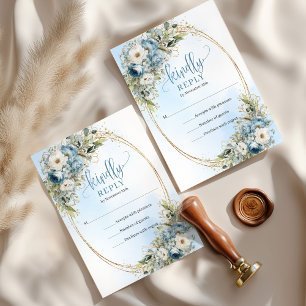 Elegante weiße blaue Blumen Gold RSVP Karte
