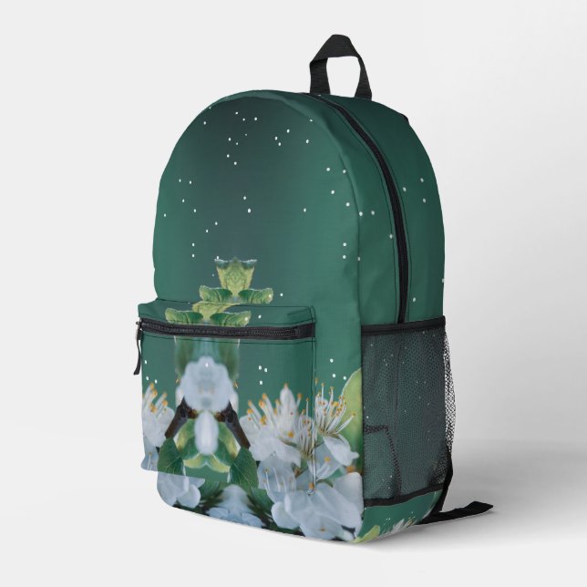 Elegante weiße Blume auf hellgrünem botanischem To Bedruckter Rucksack (Rückseitige Ecke Rechts)