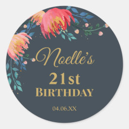 Elegante, weiße Blume, dunkelblau, Goldakzent Runder Aufkleber