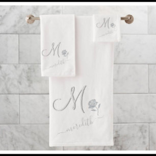 Elegante weiße Blume für Monogramm Badhandtuch Set