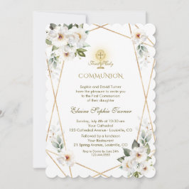 Elegante weiße Blume Goldene Erstkommunion Einladung