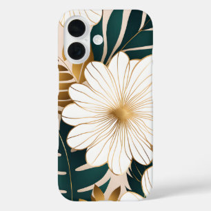 Elegante weiße Blume mit grünen und goldfarbenen F iPhone 16 Hülle