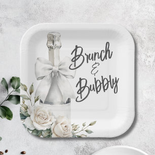 Elegante weiße Blumen-Brunch- und Champagner-Aufkl Pappteller