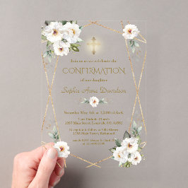 Elegante weiße Blumen Gold Kreuz Firmung Acryleinladungen