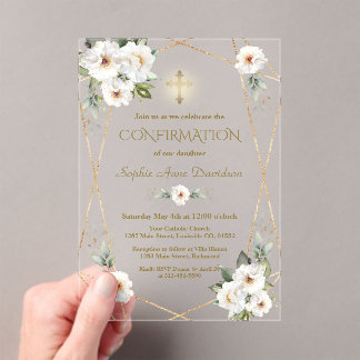 Elegante weiße Blumen Gold Kreuz Firmung Acryleinladungen