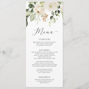Elegante weiße Blumen- Grünzeug- Hochzeit Menükarte