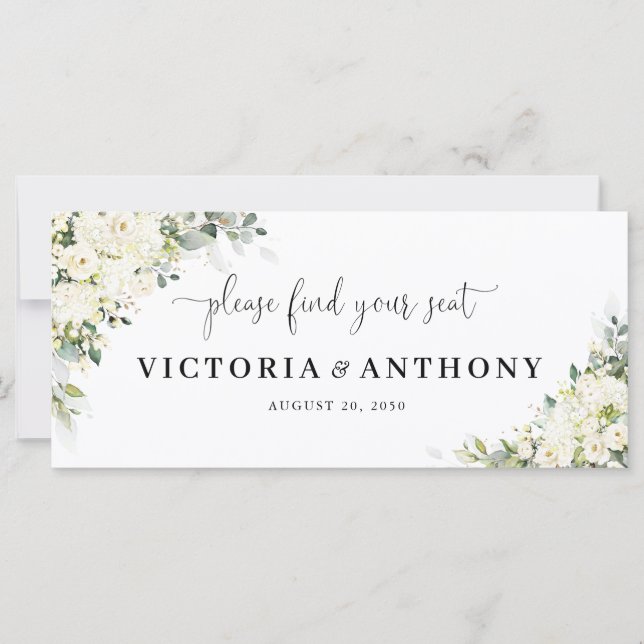 Elegante weiße Blumen Hochzeitstisch-Schild (Vorderseite)